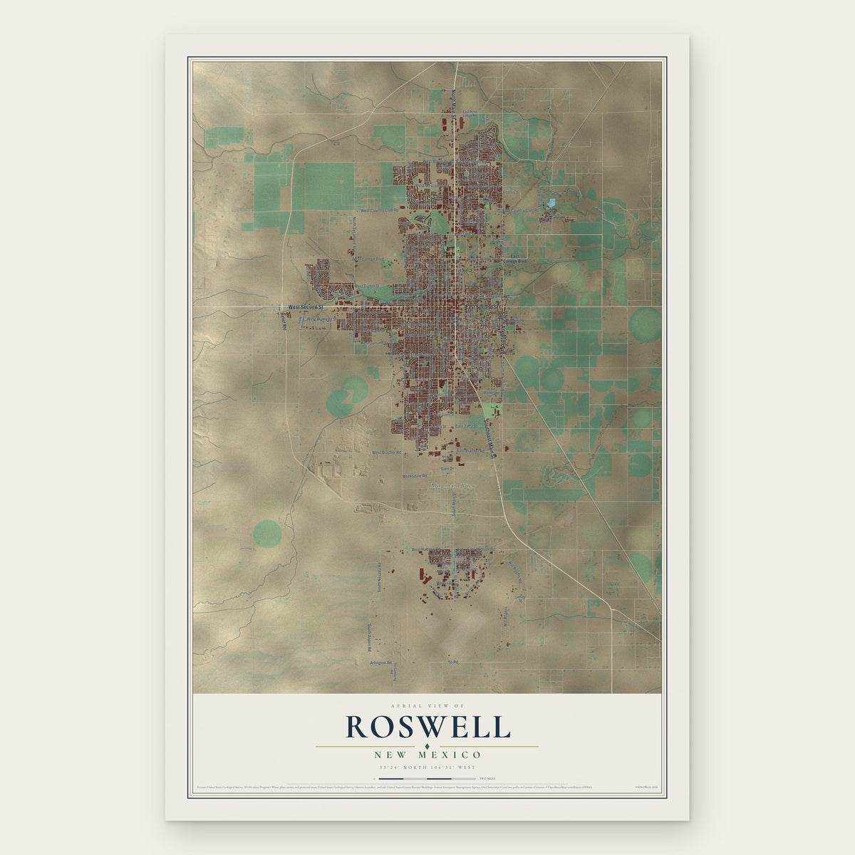 Roswell, New Mexico map print, the full design
