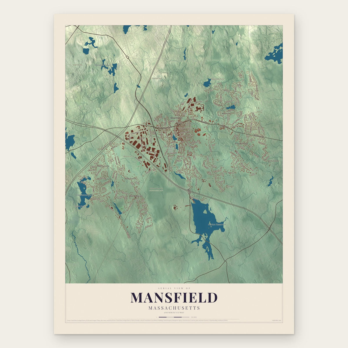 Mansfield, Massachusetts map print, the full design