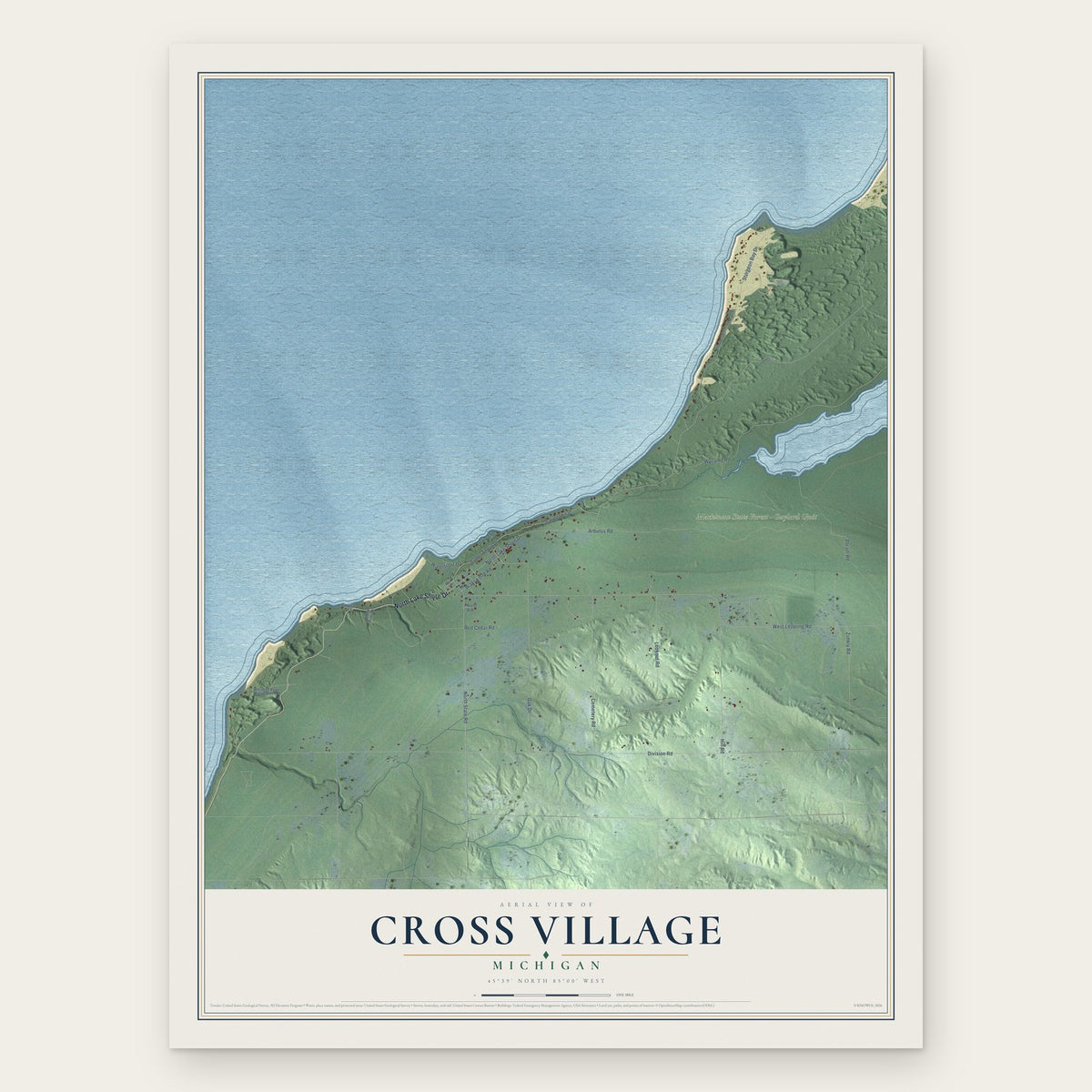 Cross Village, Michigan map print, the full design