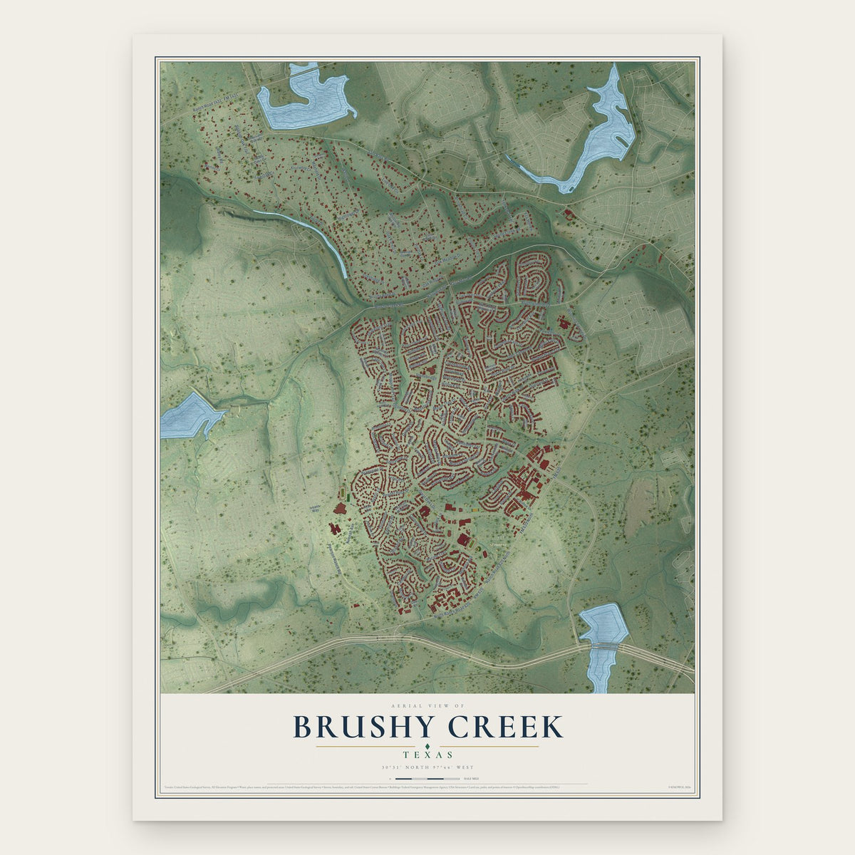 Brushy Creek, Texas map print, the full design