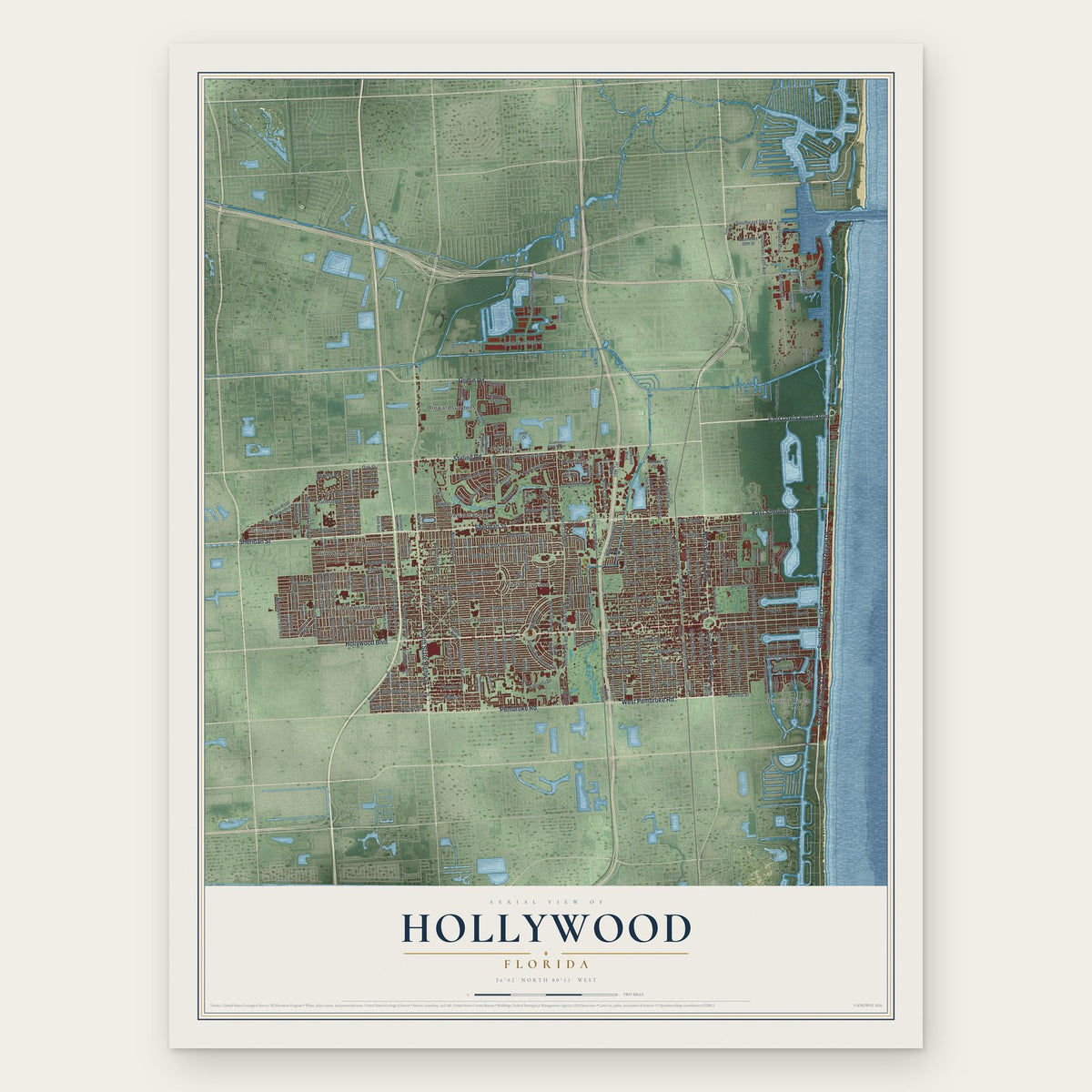 Hollywood, Florida map print, the full design