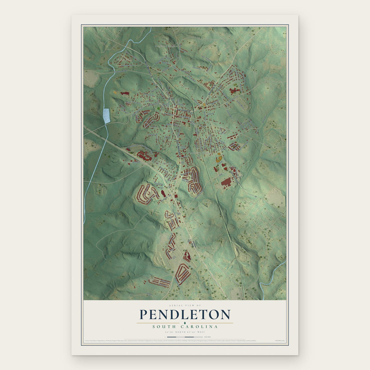 Pendleton, South Carolina map print, the full design
