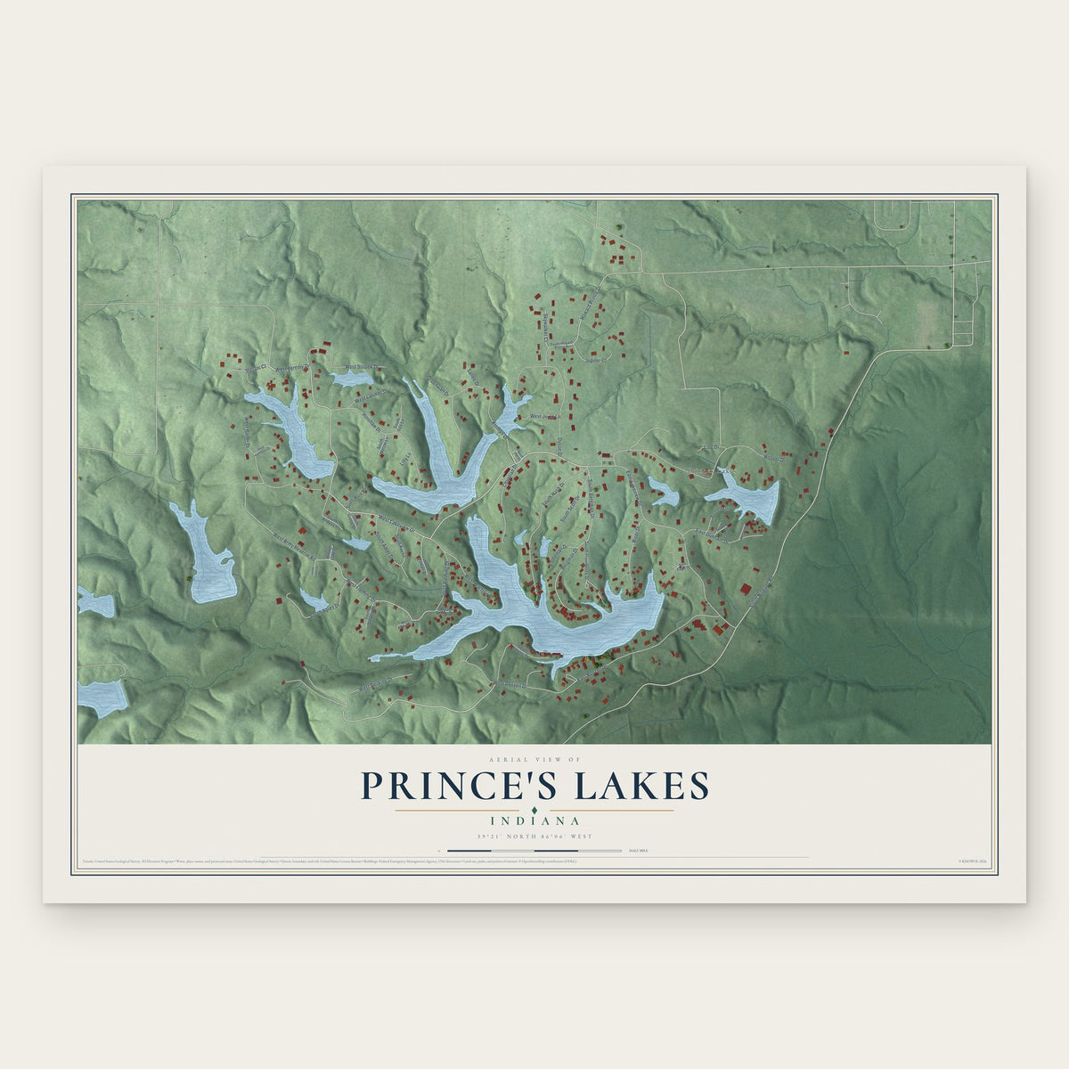 Prince's Lakes, Indiana map print, the full design