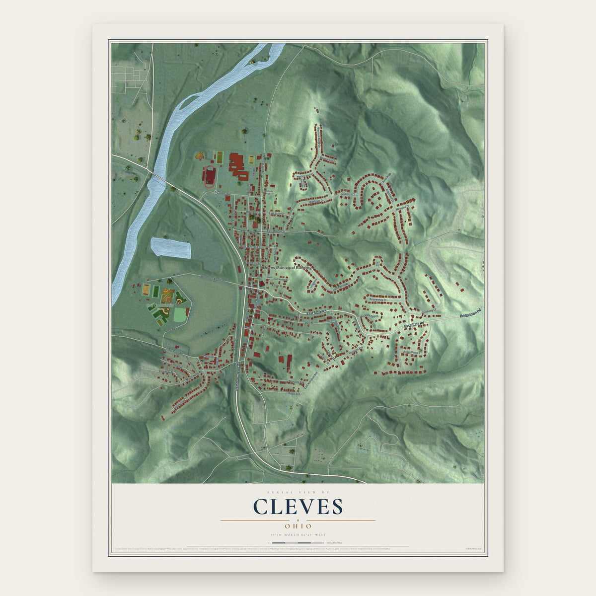 Cleves, Ohio map print, the full design