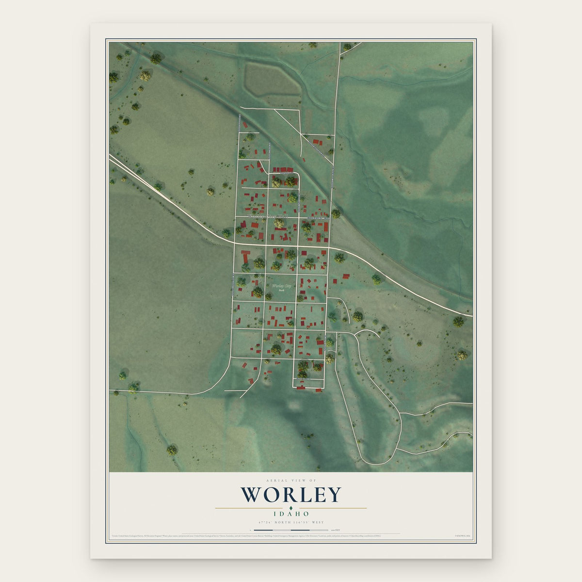 Worley, Idaho map print, the full design