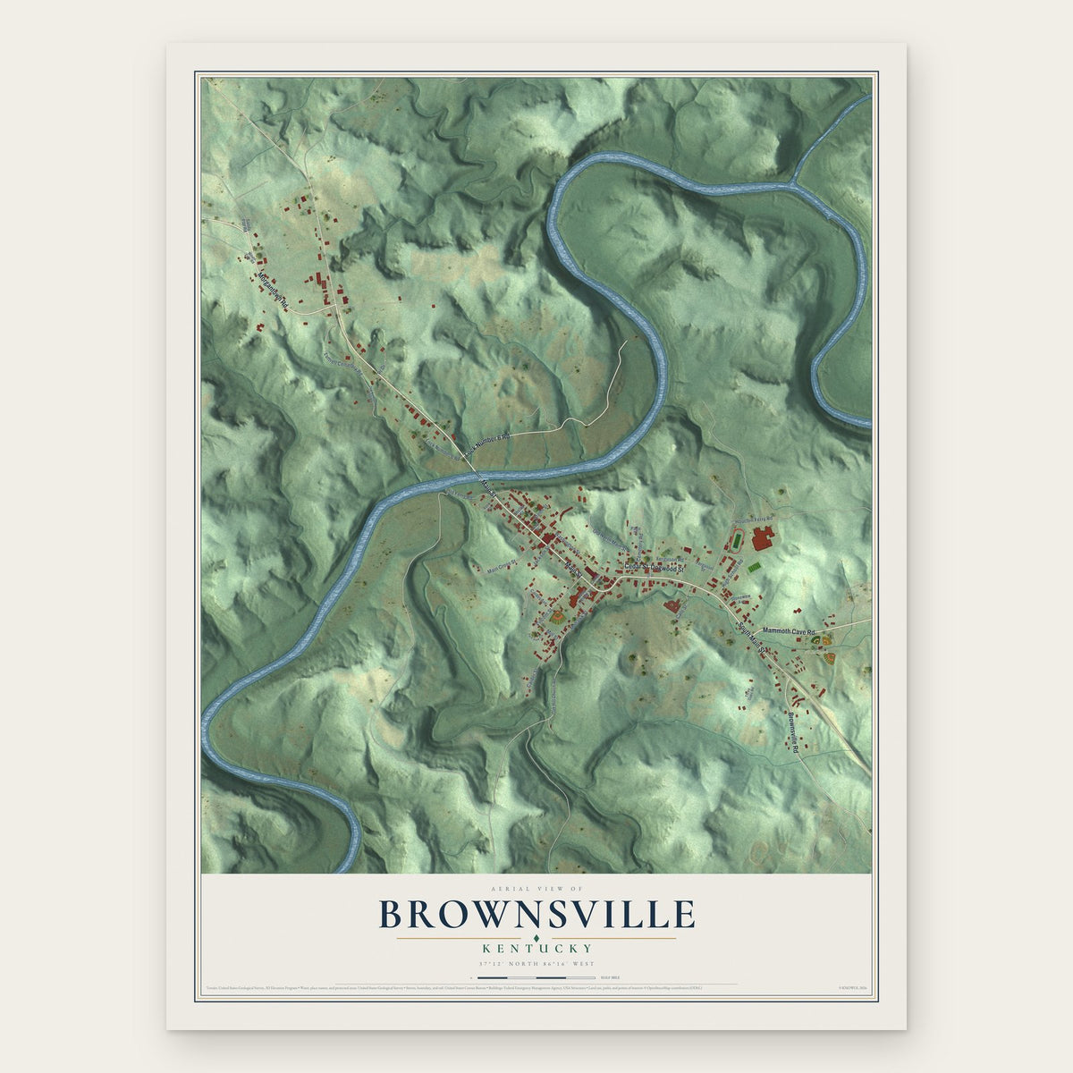Brownsville, Kentucky map print, the full design