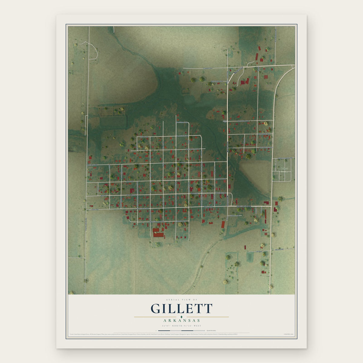 Gillett, Arkansas map print, the full design
