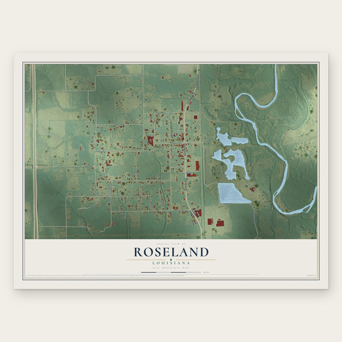 Roseland, Louisiana map print, the full design