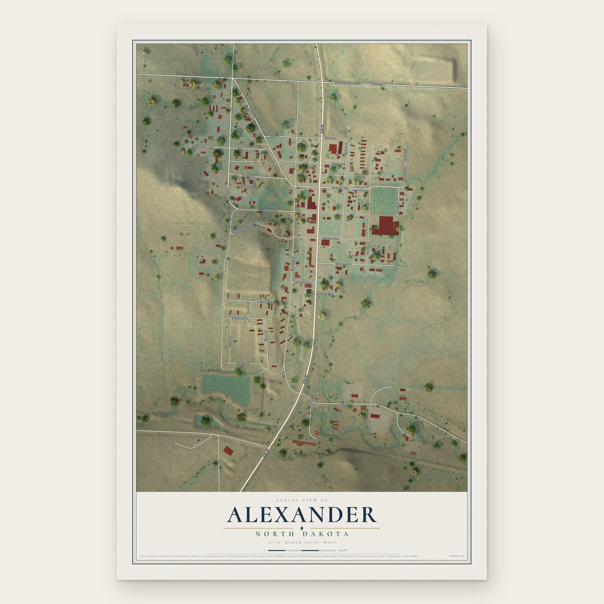 Alexander, North Dakota map print, the full design