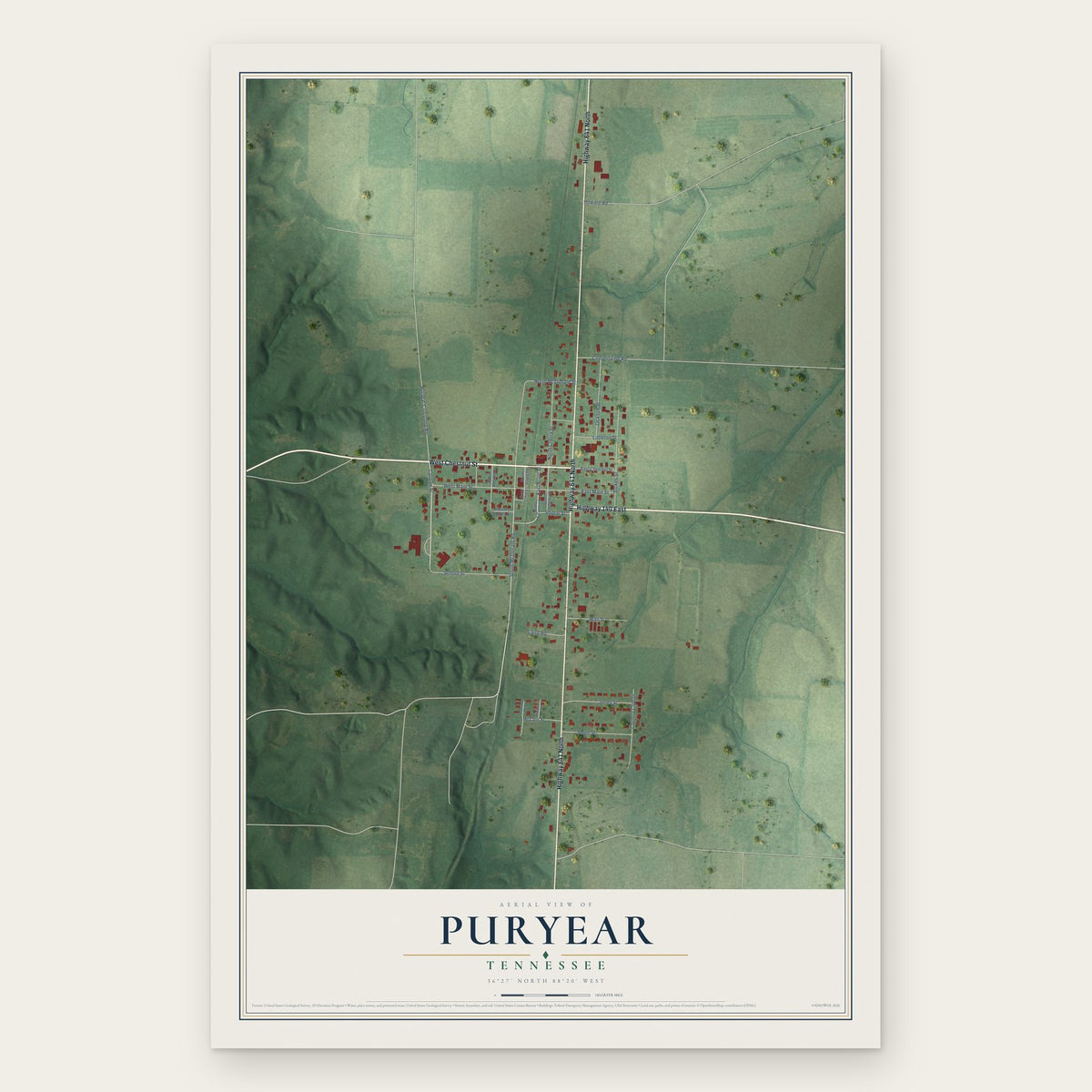 Puryear, Tennessee map print, the full design