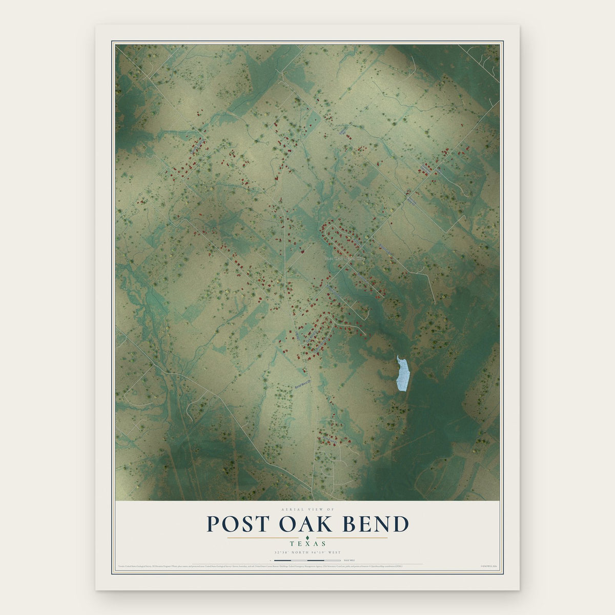 Post Oak Bend, Texas map print, the full design