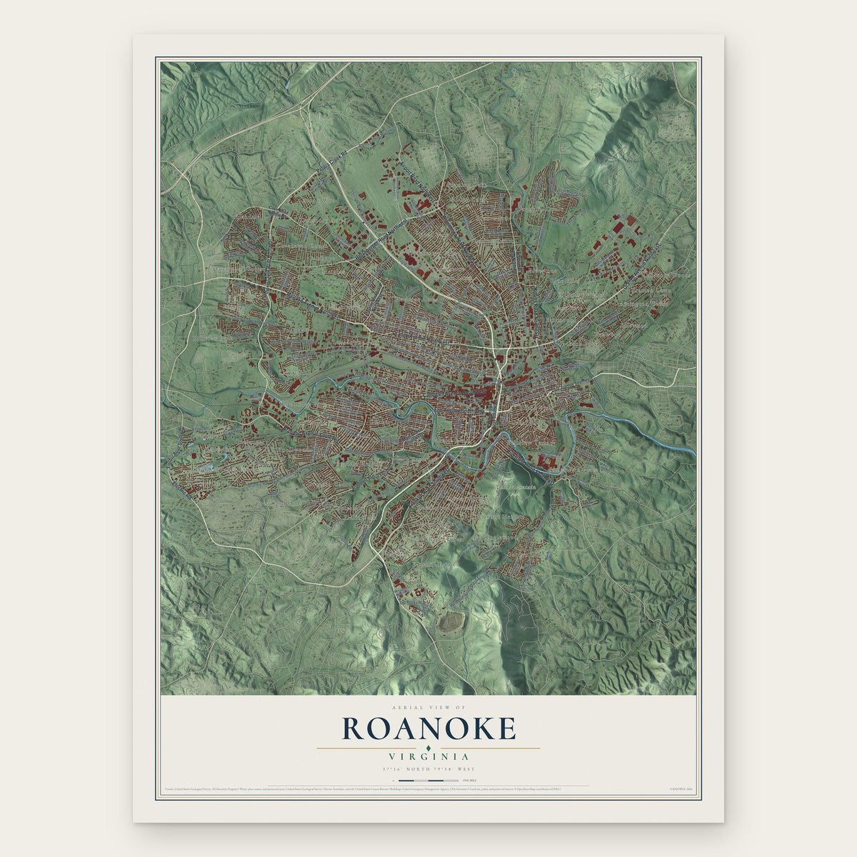 Roanoke, Virginia map print, the full design