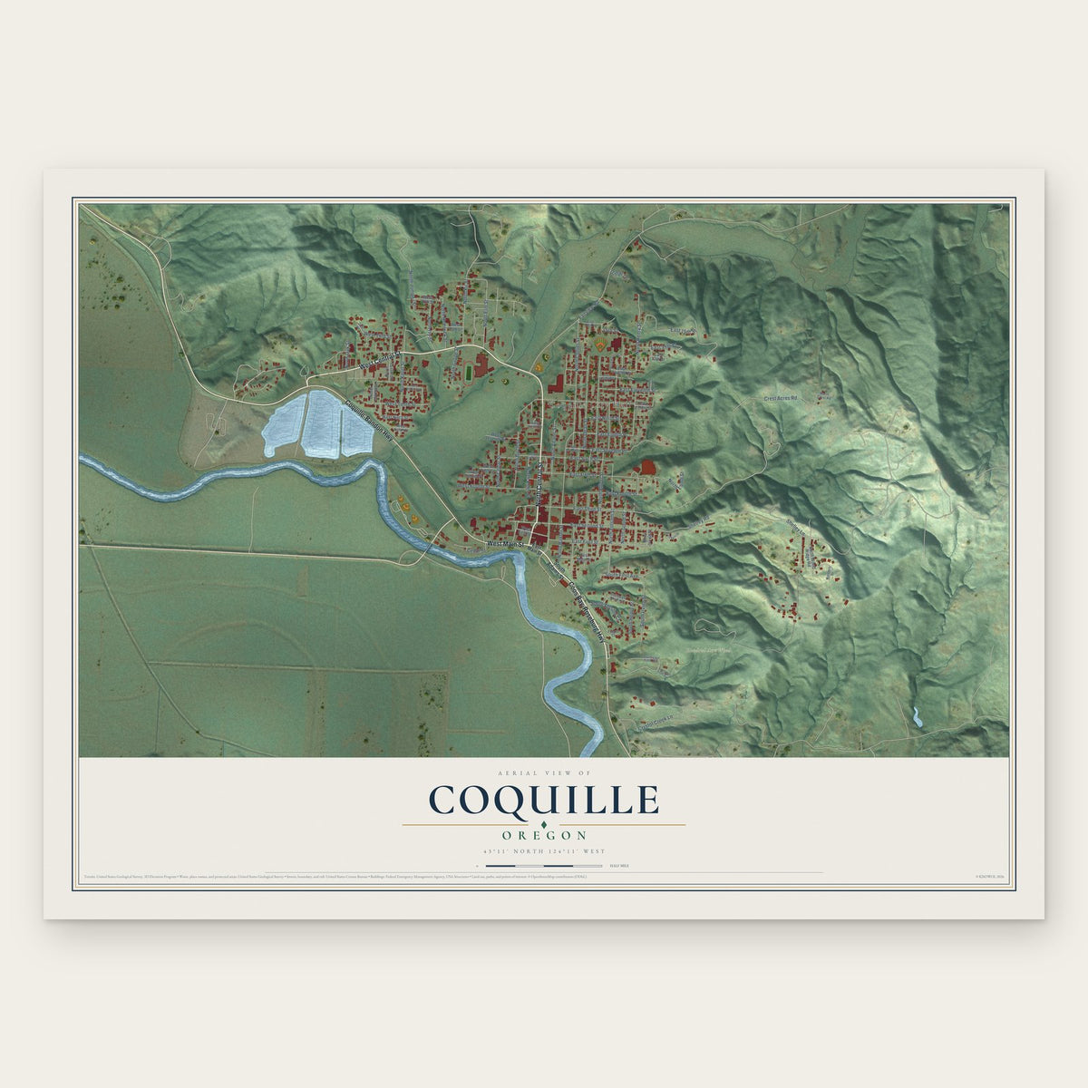 Coquille, Oregon map print, the full design