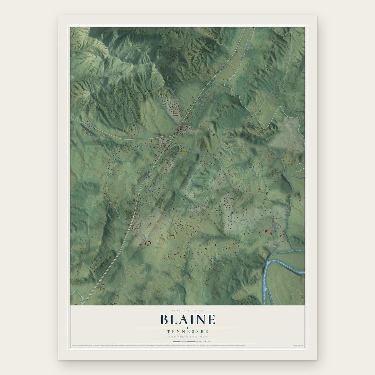 Blaine, Tennessee map print, the full design