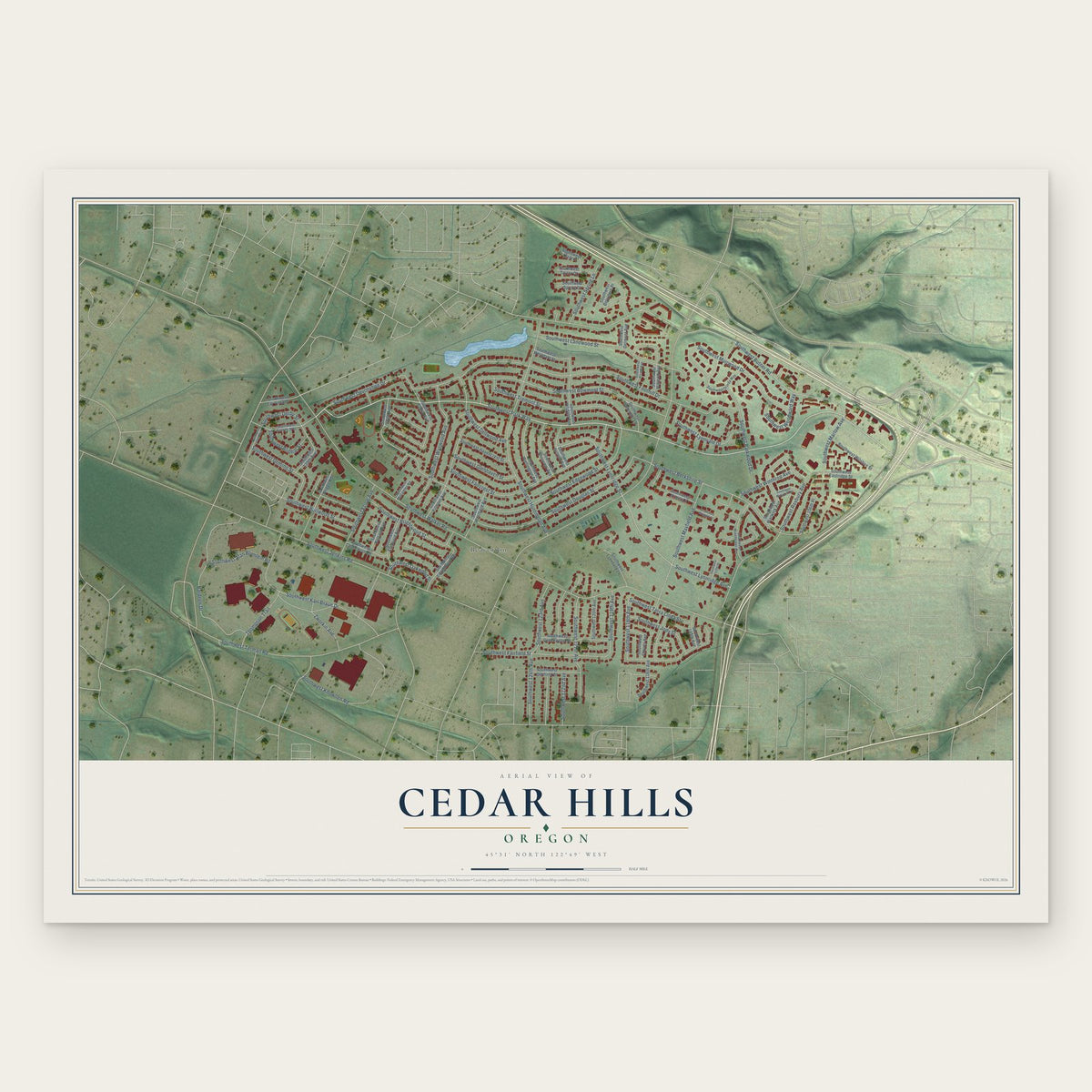 Cedar Hills, Oregon map print, the full design