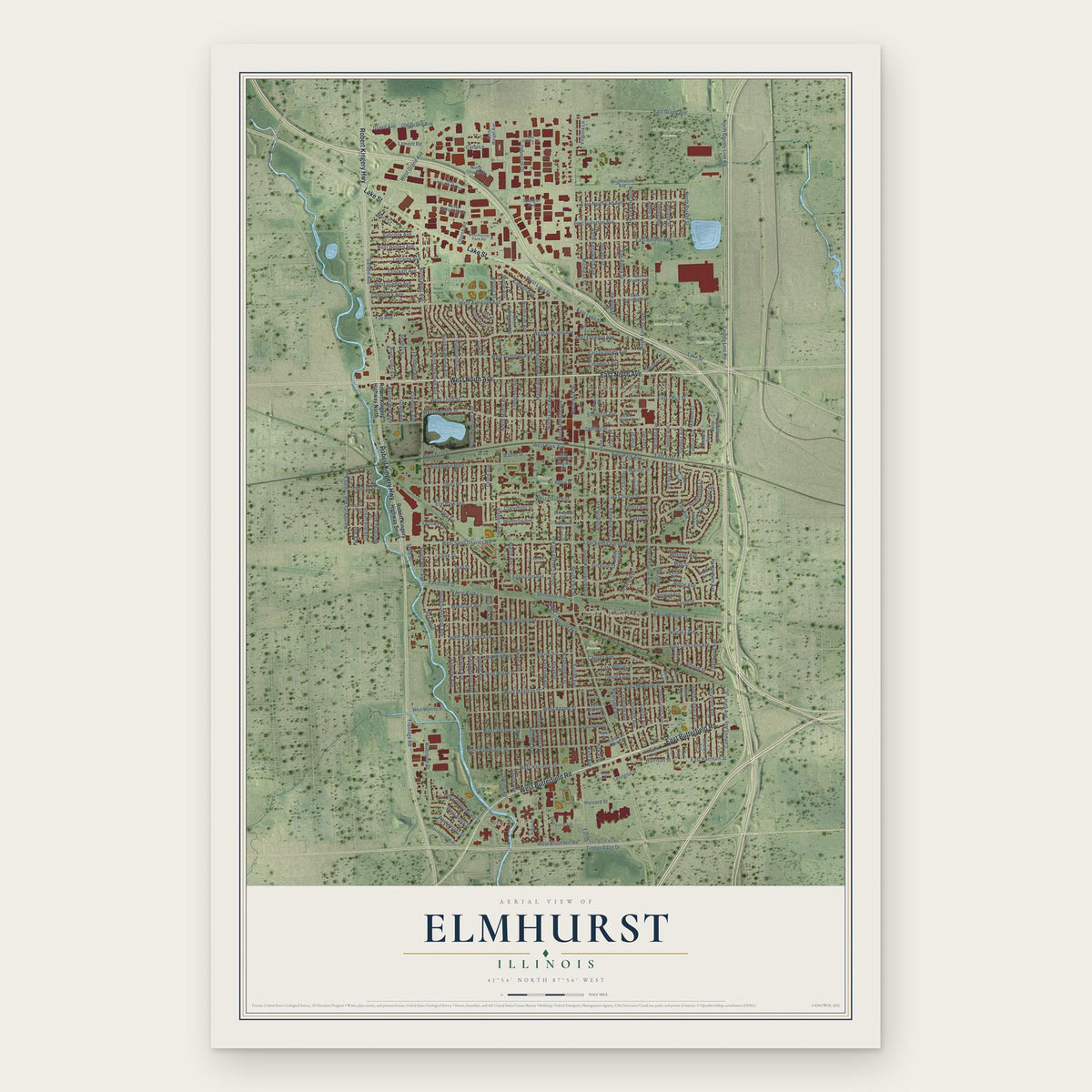 Elmhurst, Illinois map print, the full design