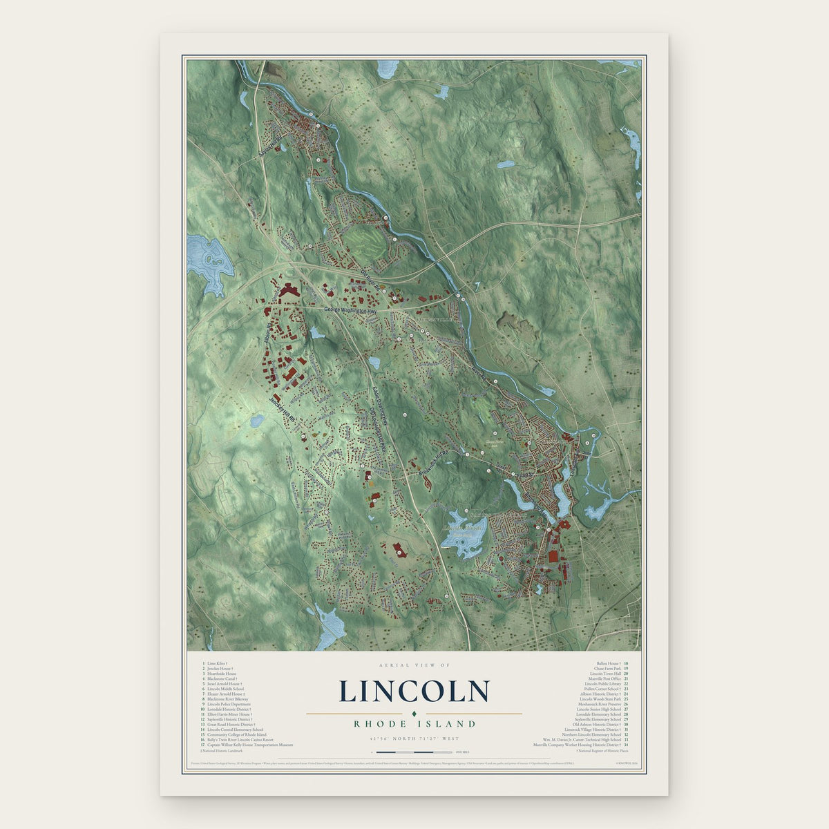 Lincoln, Rhode Island map print, the full design