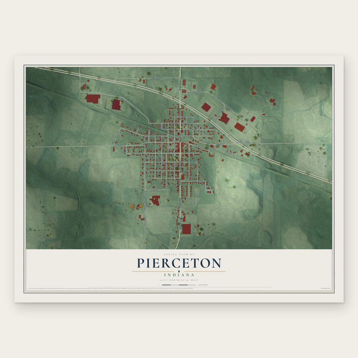 Pierceton, Indiana map print, the full design