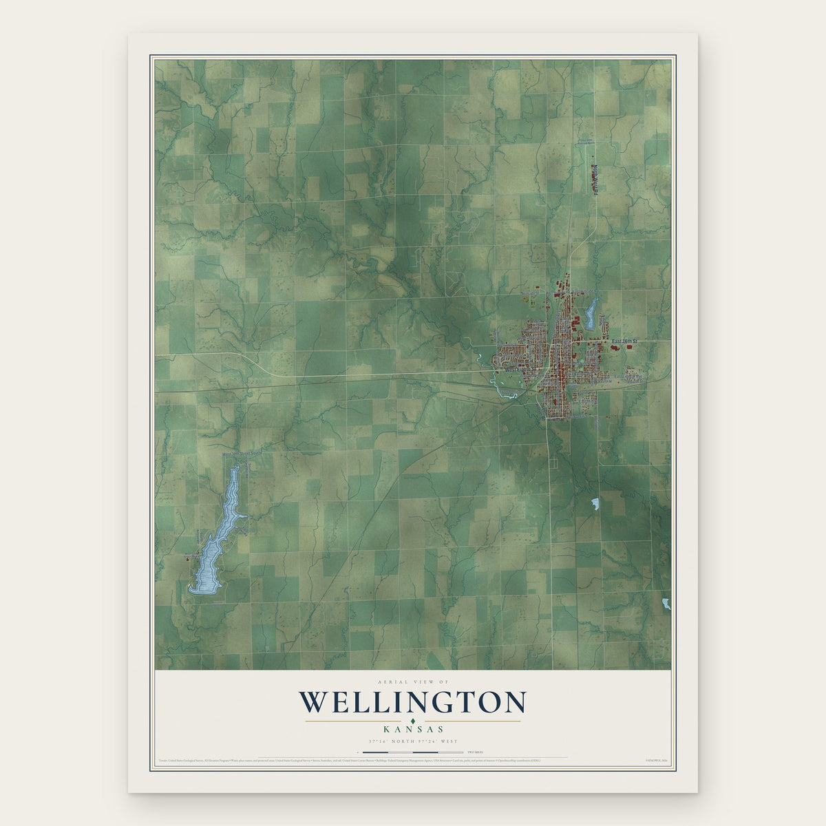 Wellington, Kansas map print, the full design