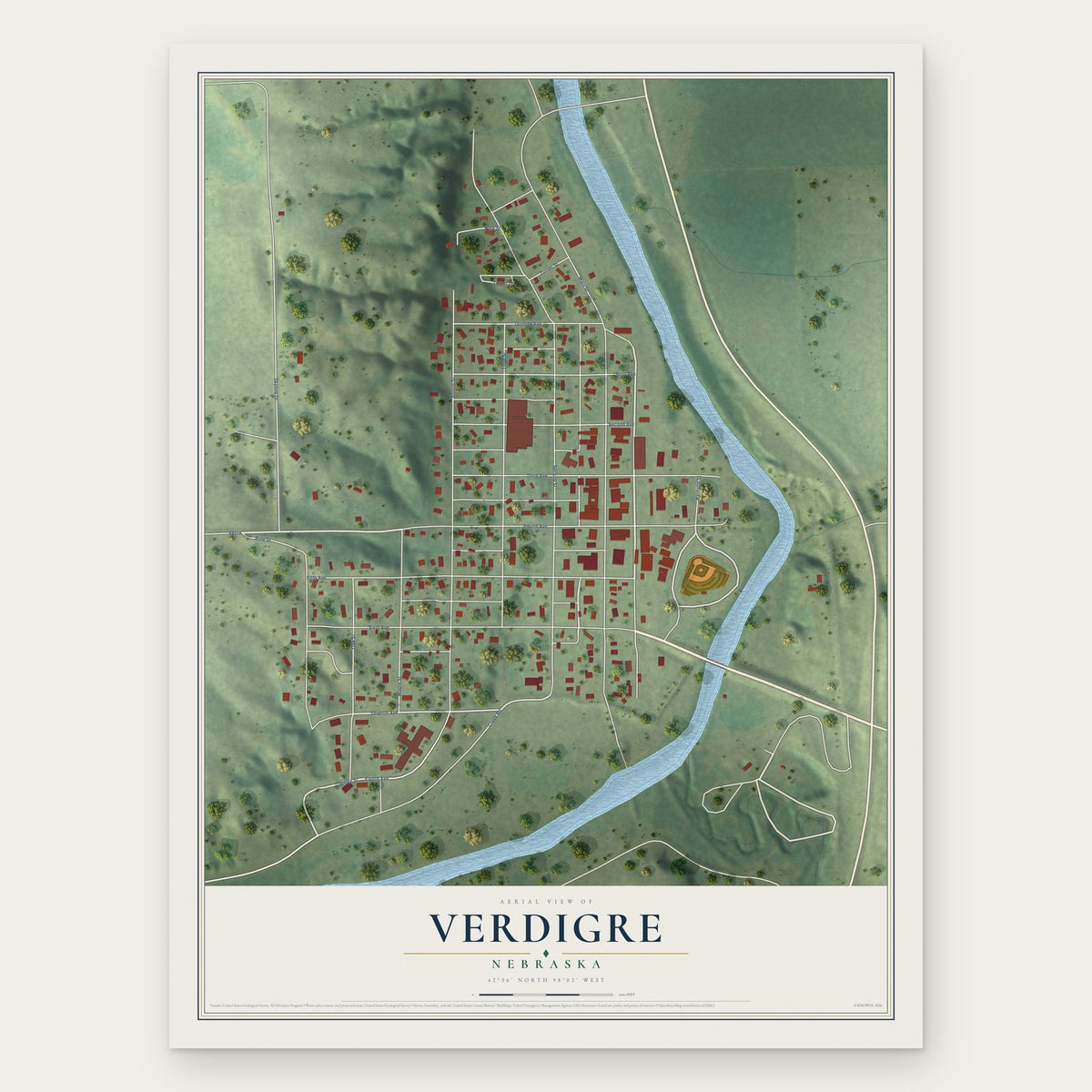 Verdigre, Nebraska map print, the full design
