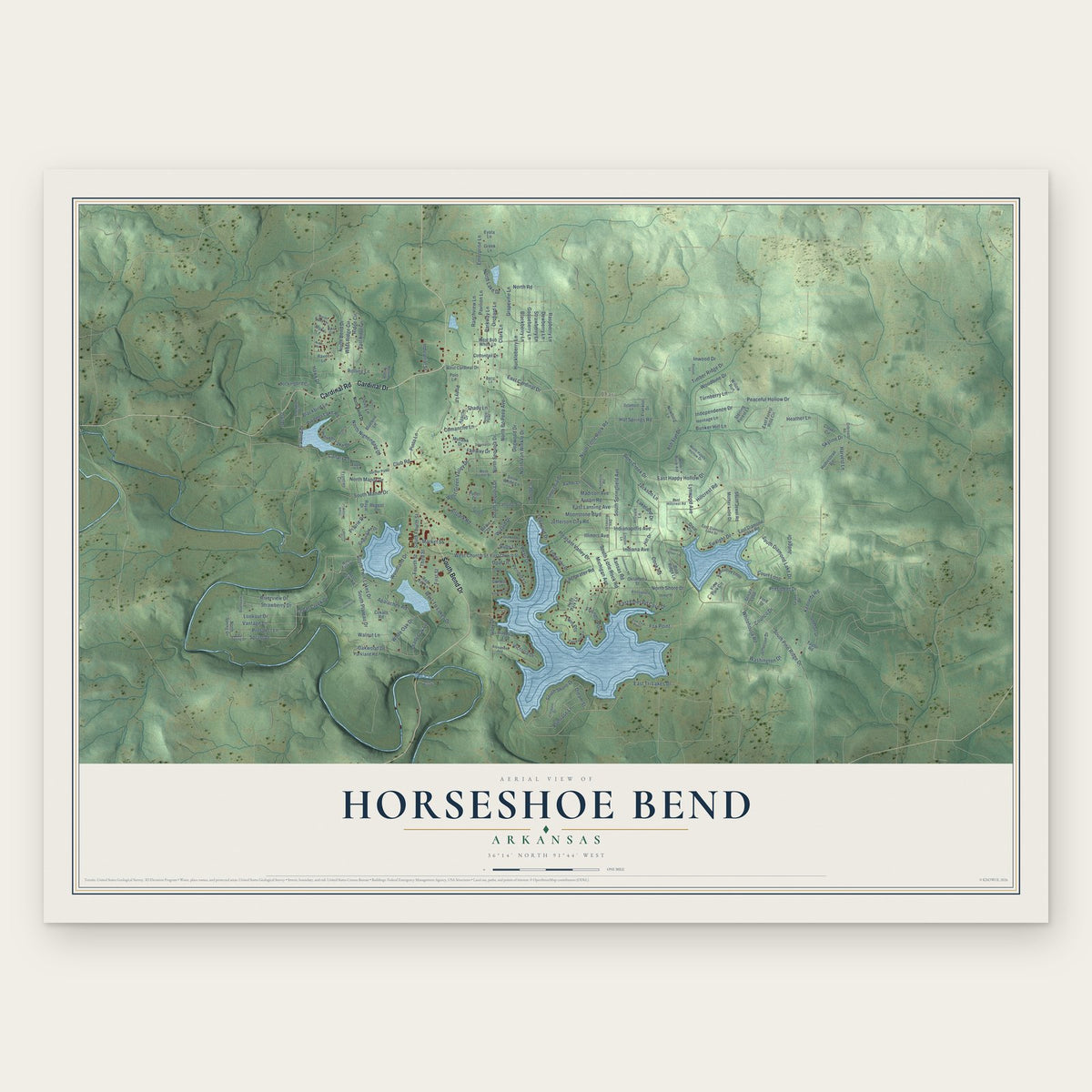 Horseshoe Bend, Arkansas map print, the full design