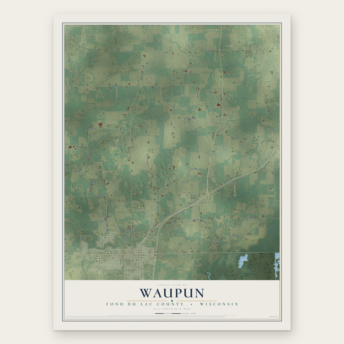 Waupun, Fond du Lac County, Wisconsin map print, the full design