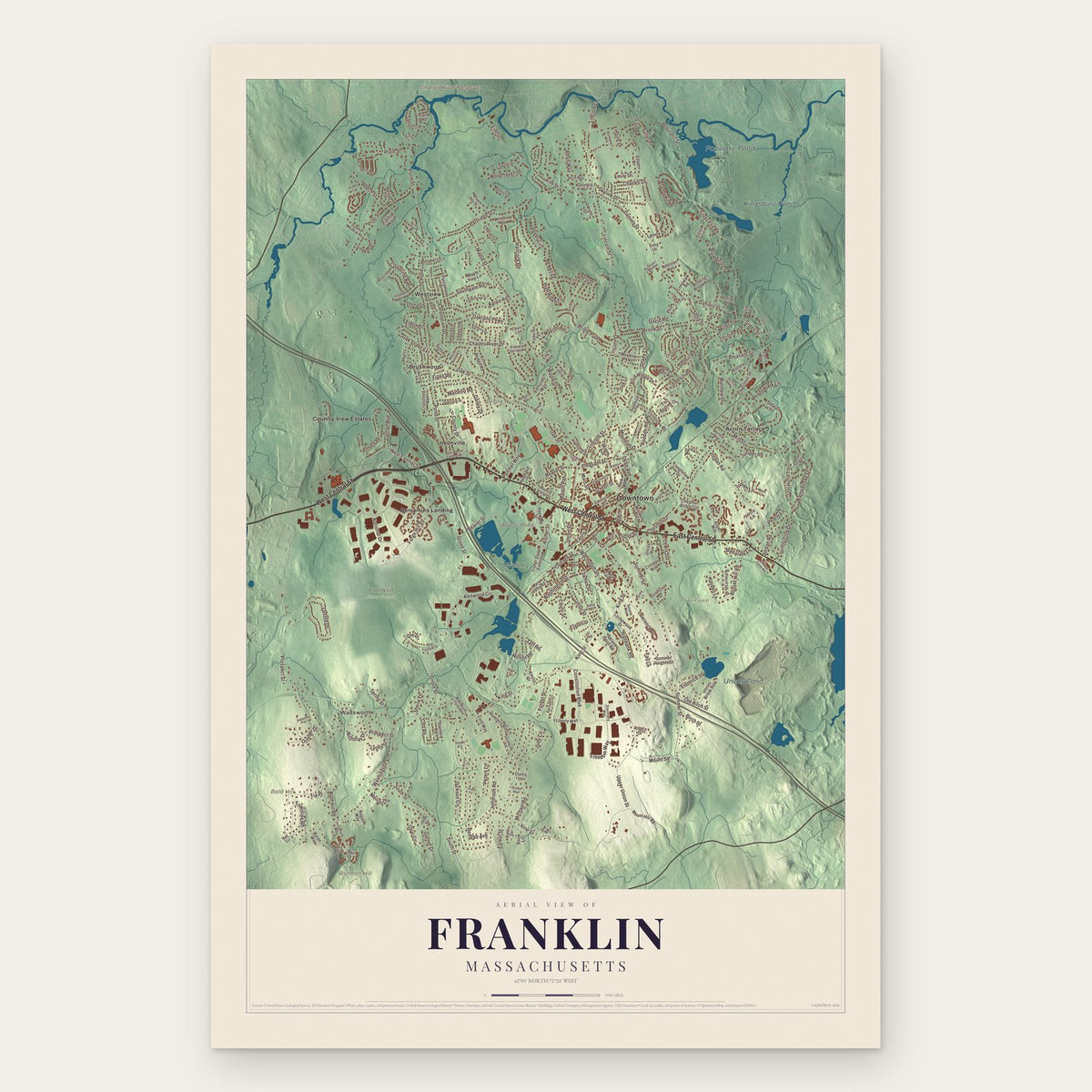 Franklin, Massachusetts map print, the full design