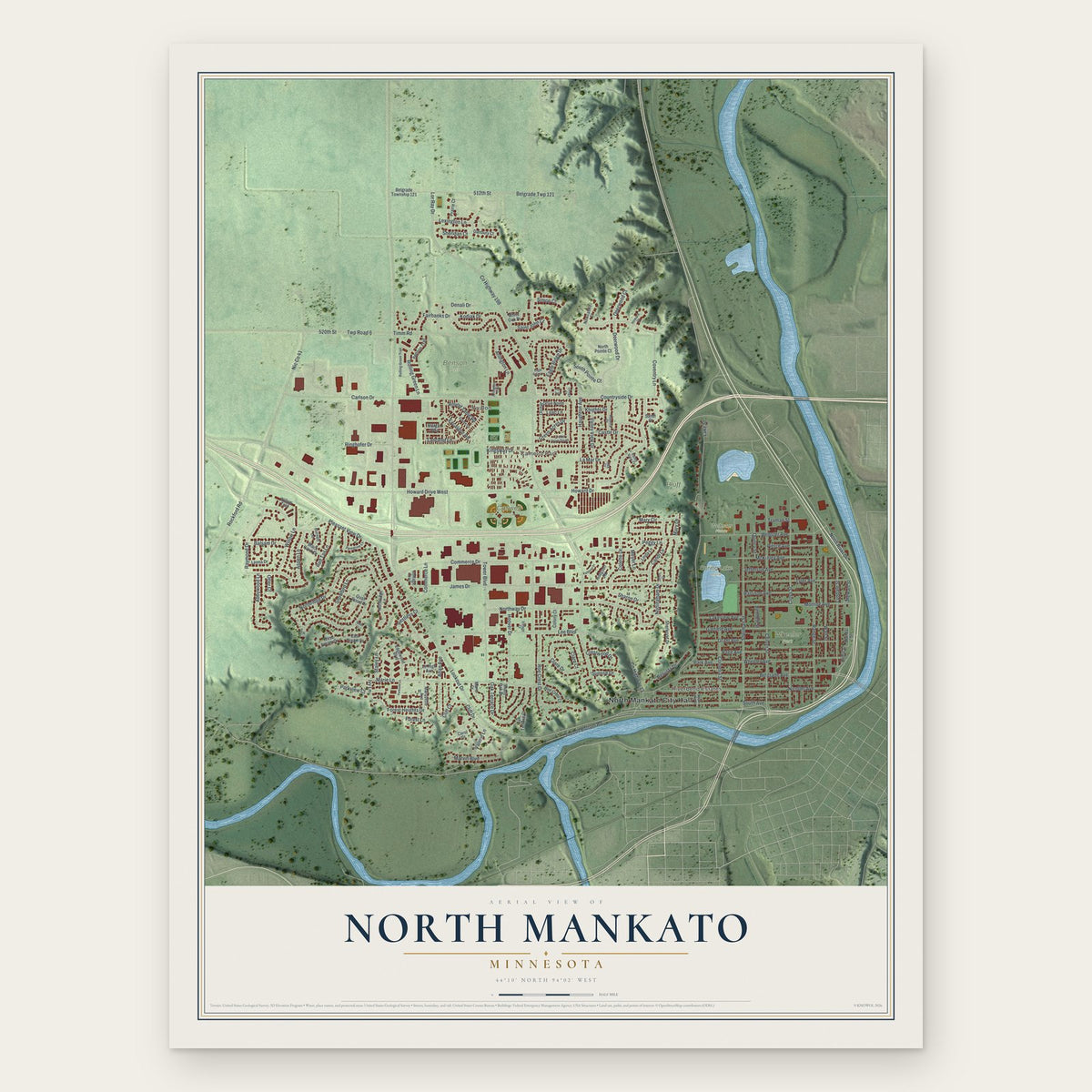 North Mankato, Minnesota map print, the full design