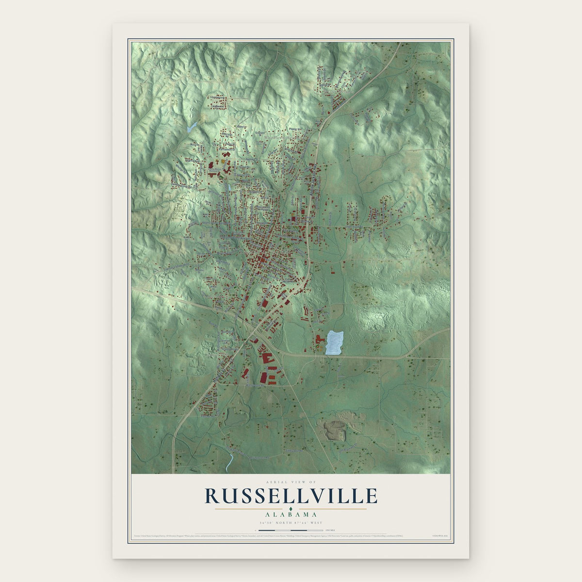 Russellville, Alabama map print, the full design