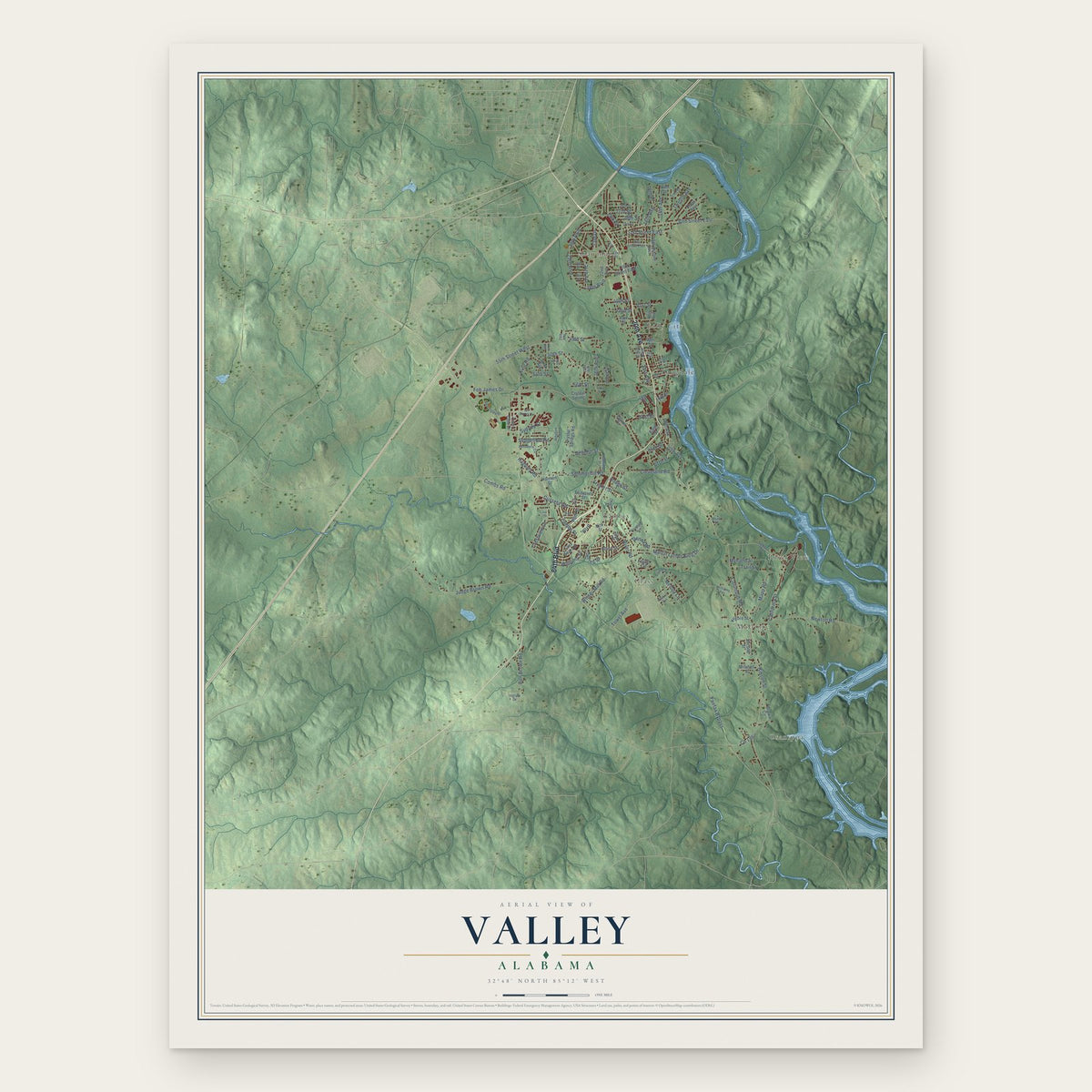 Valley, Alabama map print, the full design