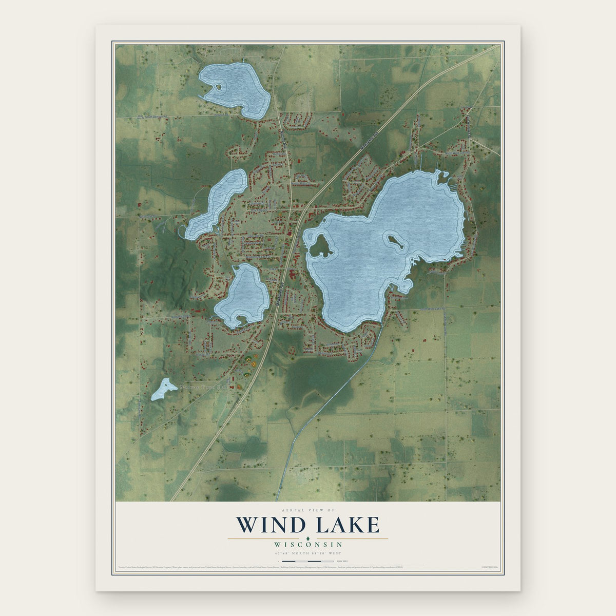 Wind Lake, Wisconsin map print, the full design