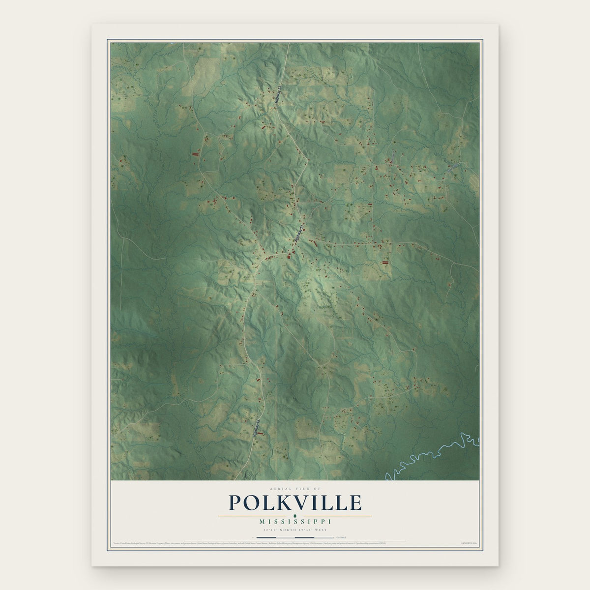Polkville, Mississippi map print, the full design