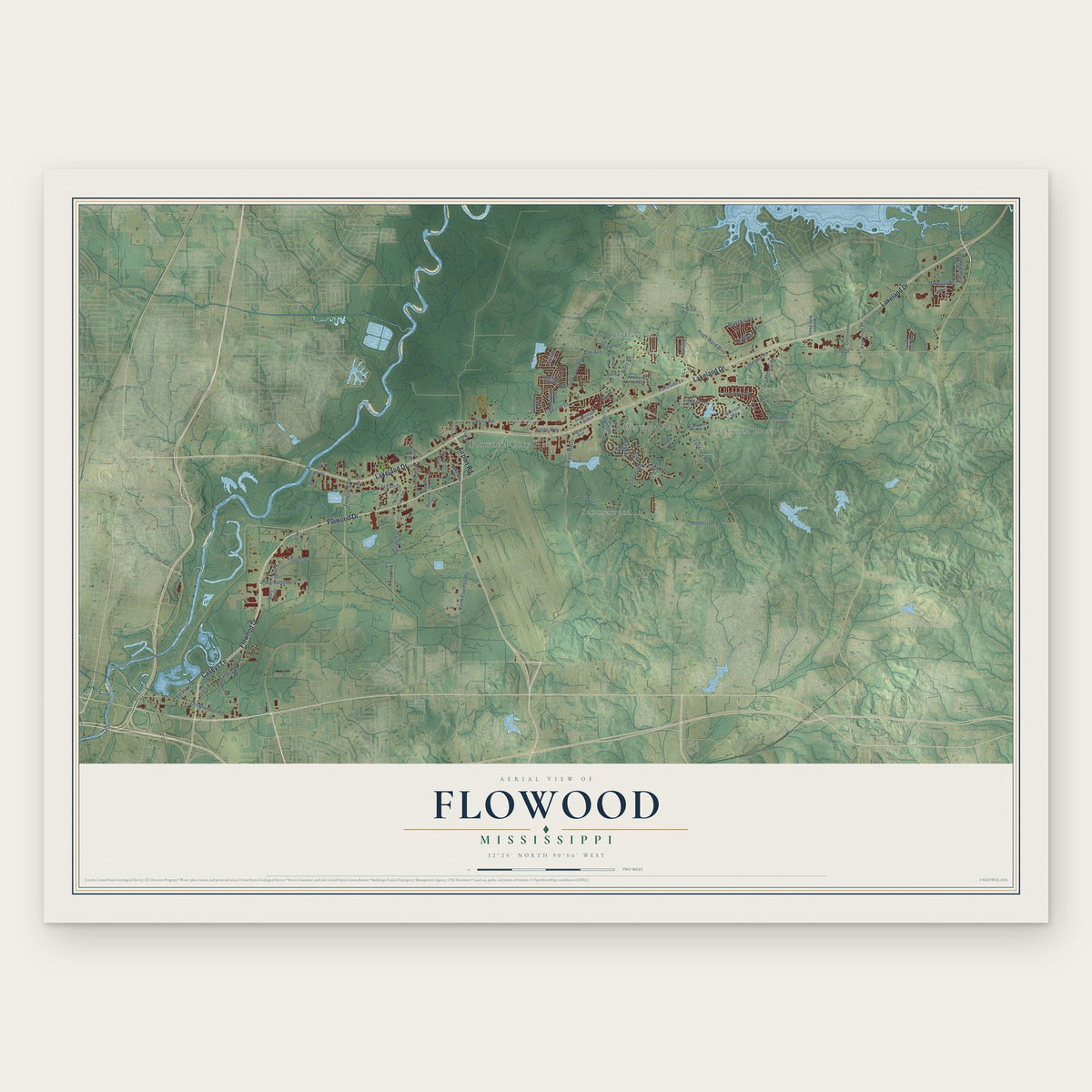Flowood, Mississippi map print, the full design
