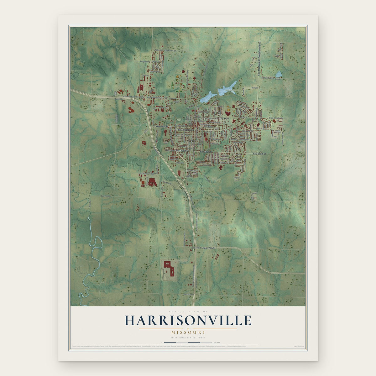 Harrisonville, Missouri map print, the full design