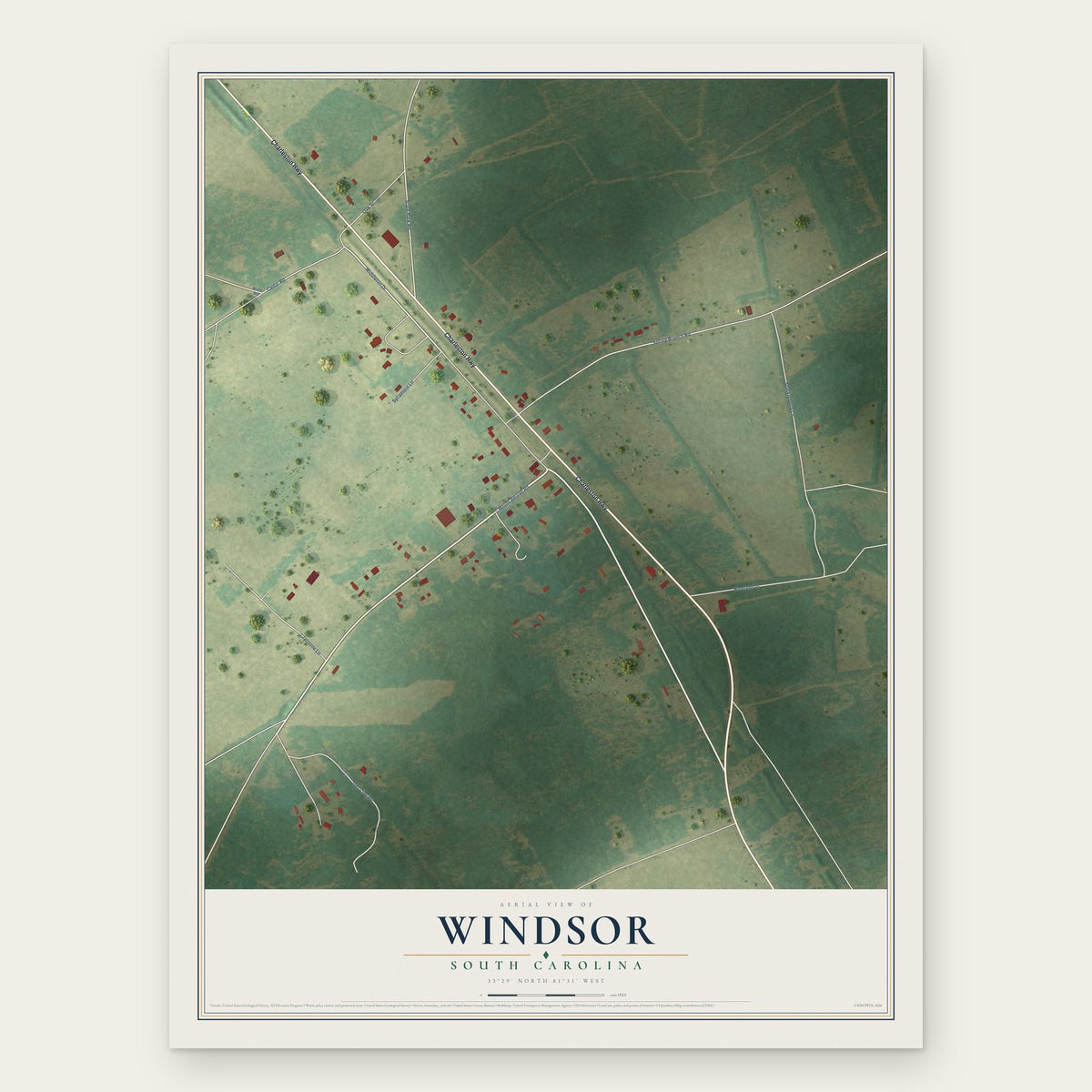 Windsor, South Carolina map print, the full design