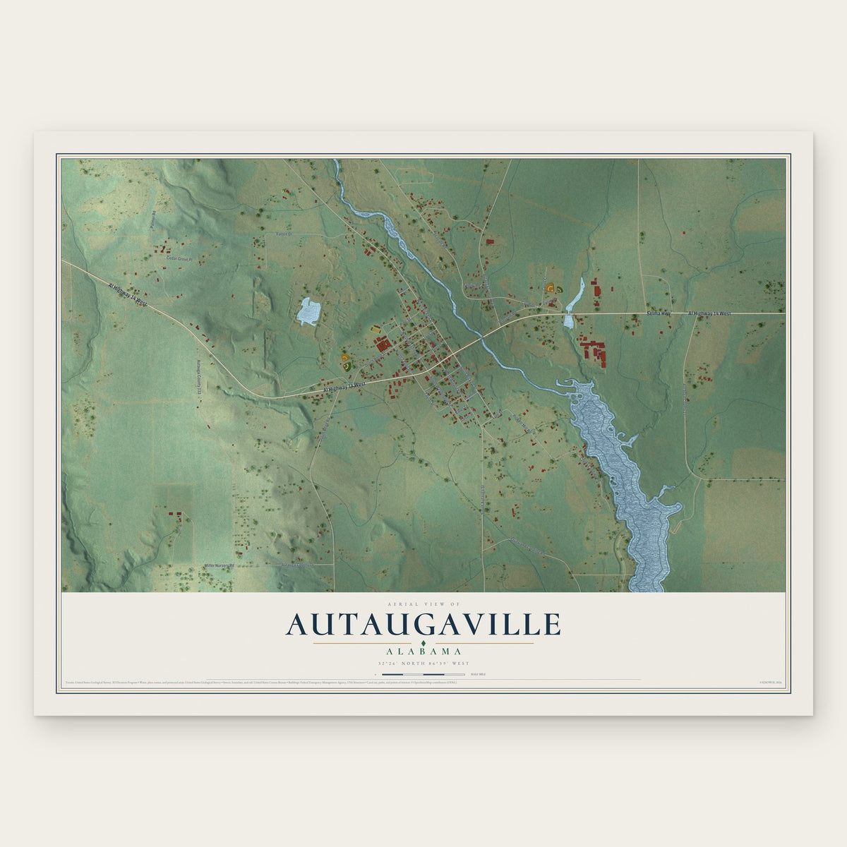 Autaugaville, Alabama map print, the full design