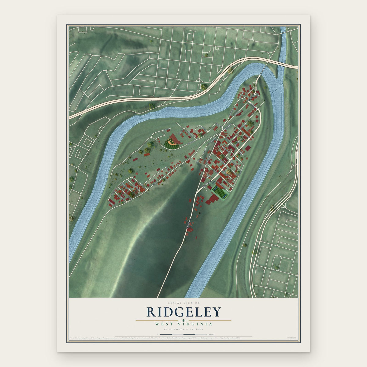 Ridgeley, West Virginia map print, the full design