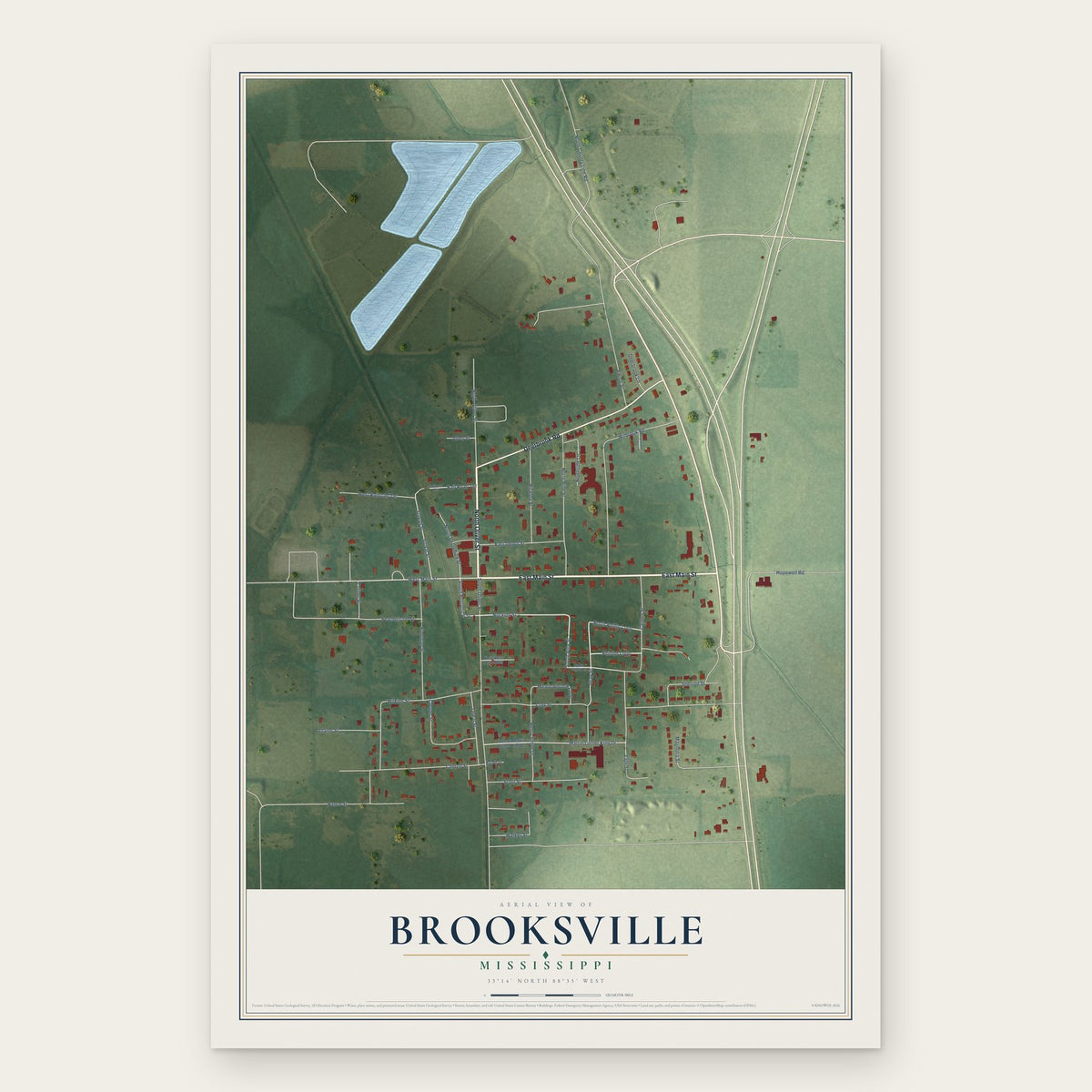 Brooksville, Mississippi map print, the full design