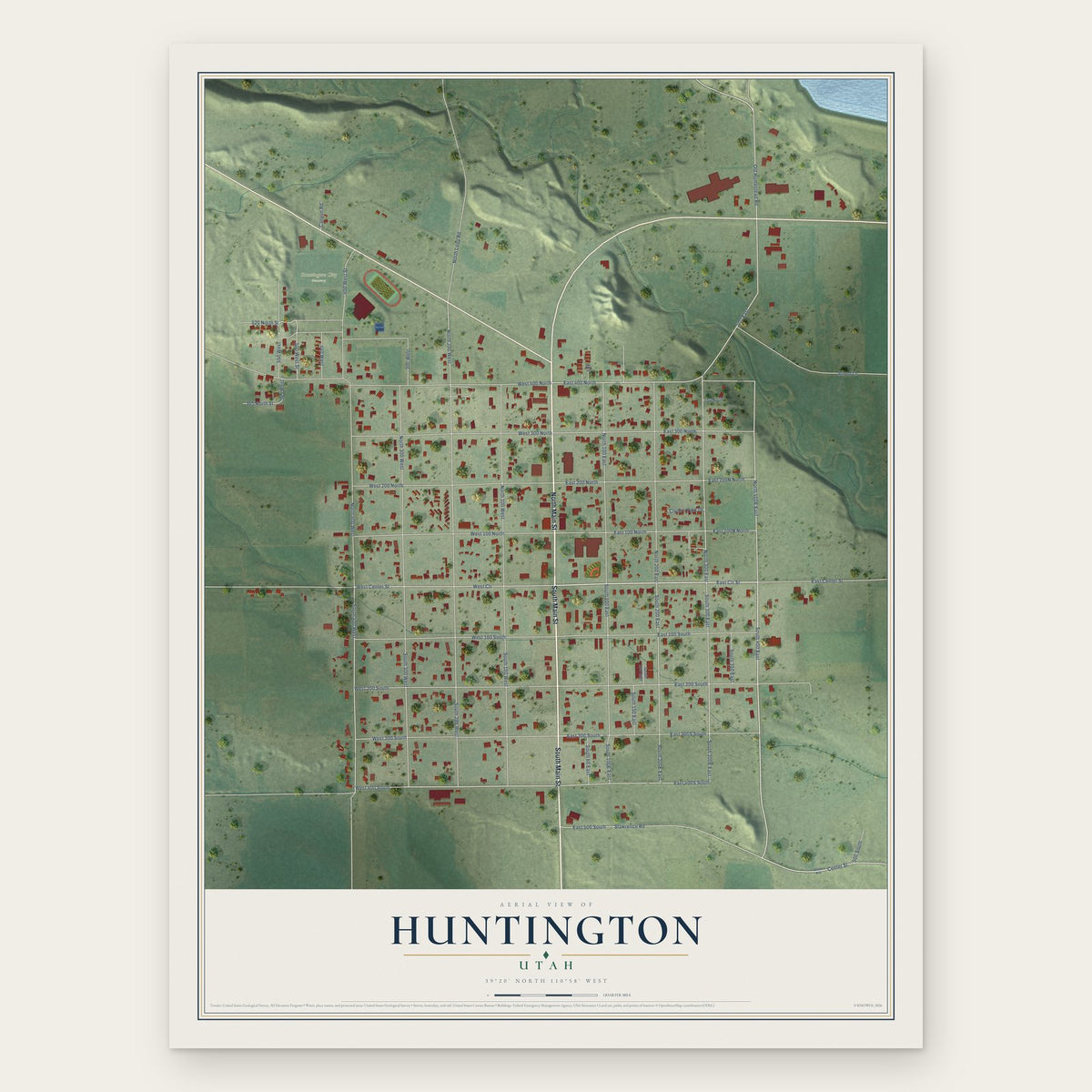 Huntington, Utah map print, the full design