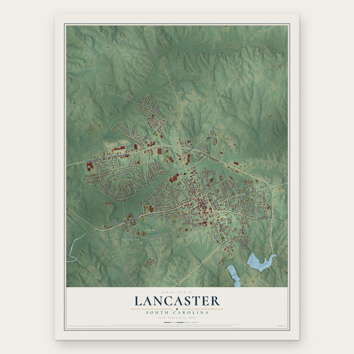 Lancaster, South Carolina map print, the full design