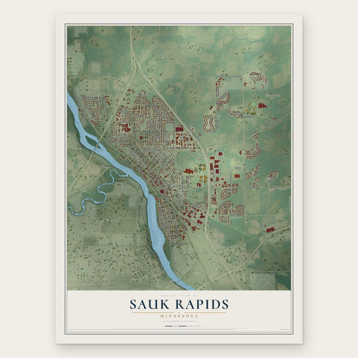 Sauk Rapids, Minnesota map print, the full design