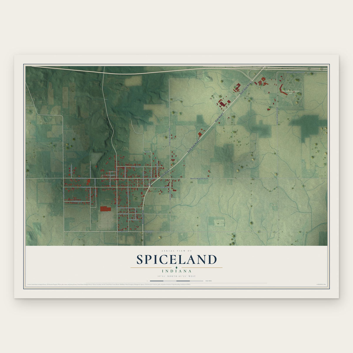 Spiceland, Indiana map print, the full design