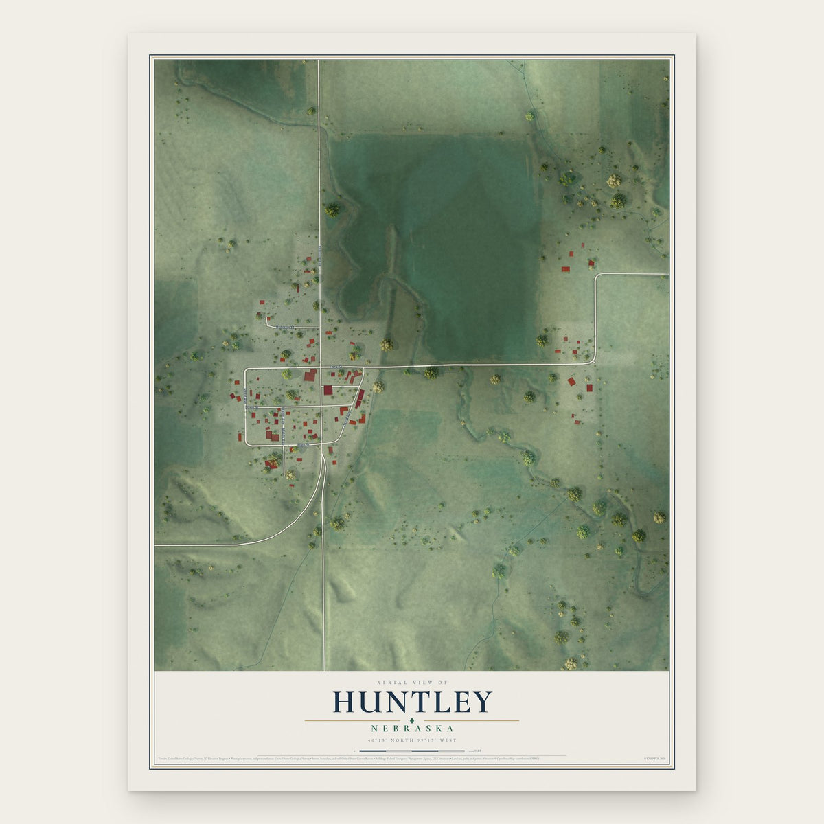 Huntley, Nebraska map print, the full design