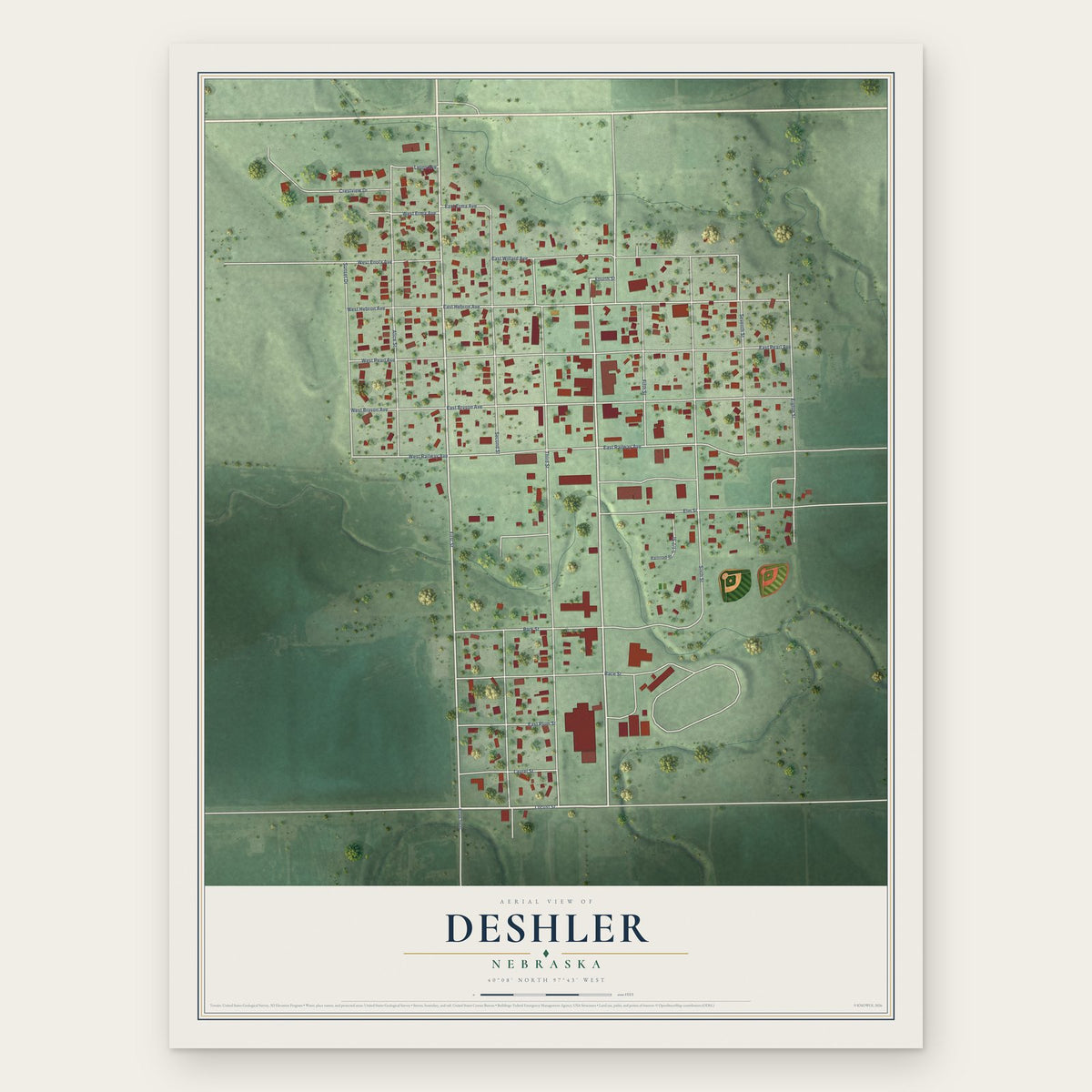 Deshler, Nebraska map print, the full design