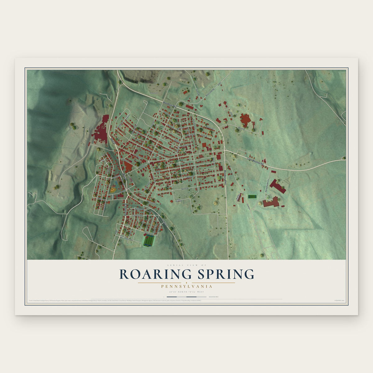 Roaring Spring, Pennsylvania map print, the full design