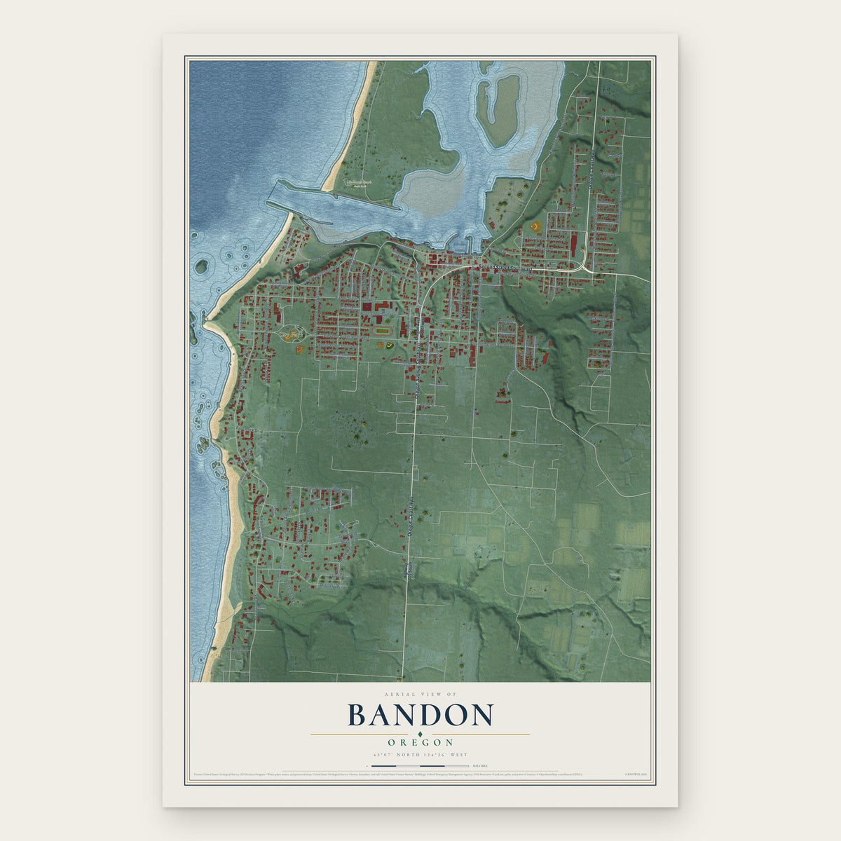 Bandon, Oregon map print, the full design