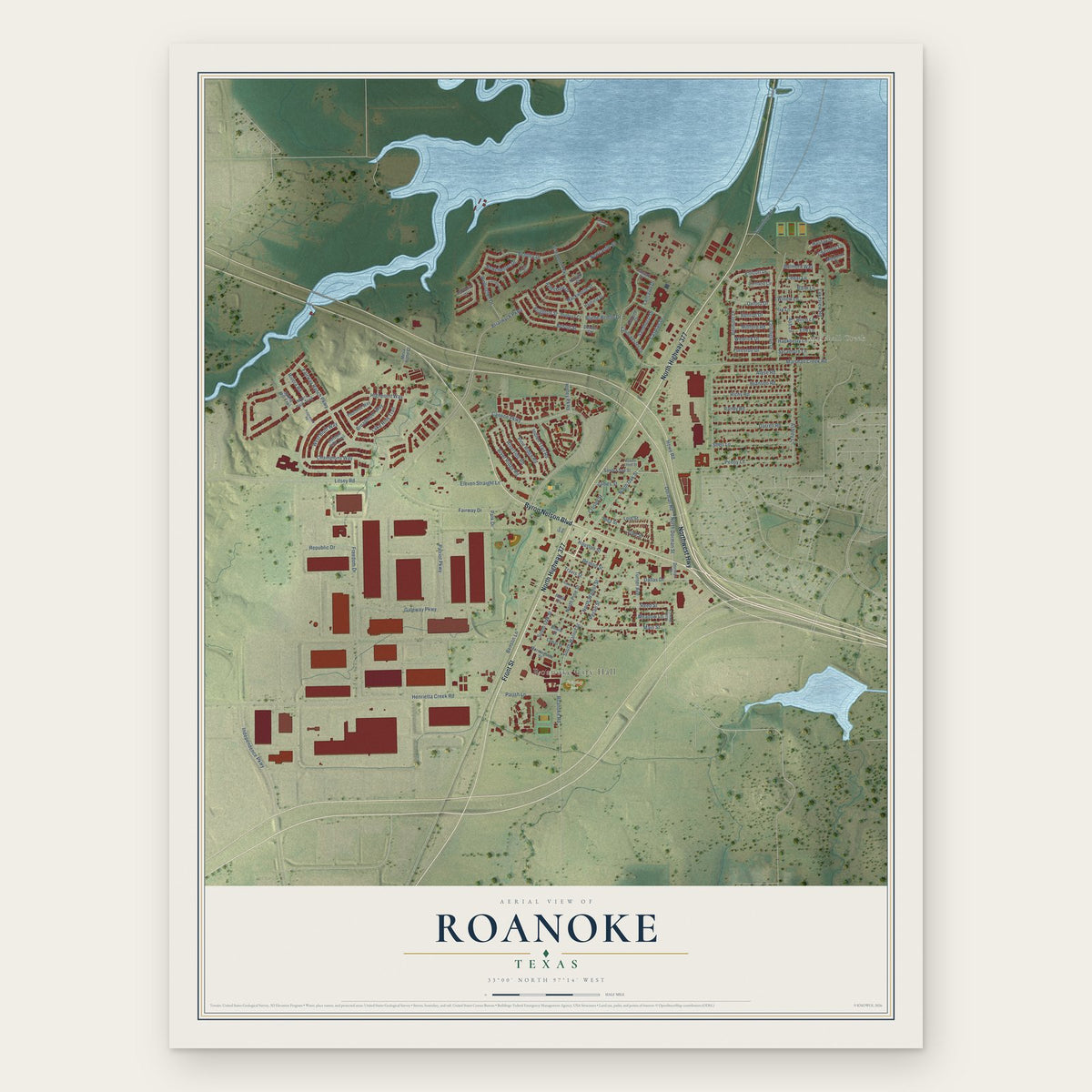 Roanoke, Texas map print, the full design