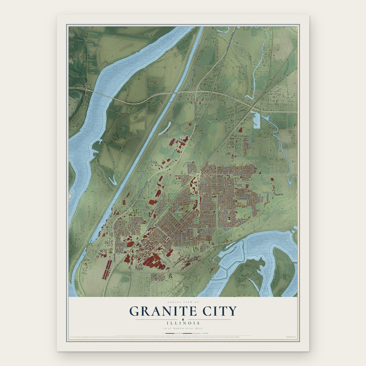 Granite City, Illinois map print, the full design