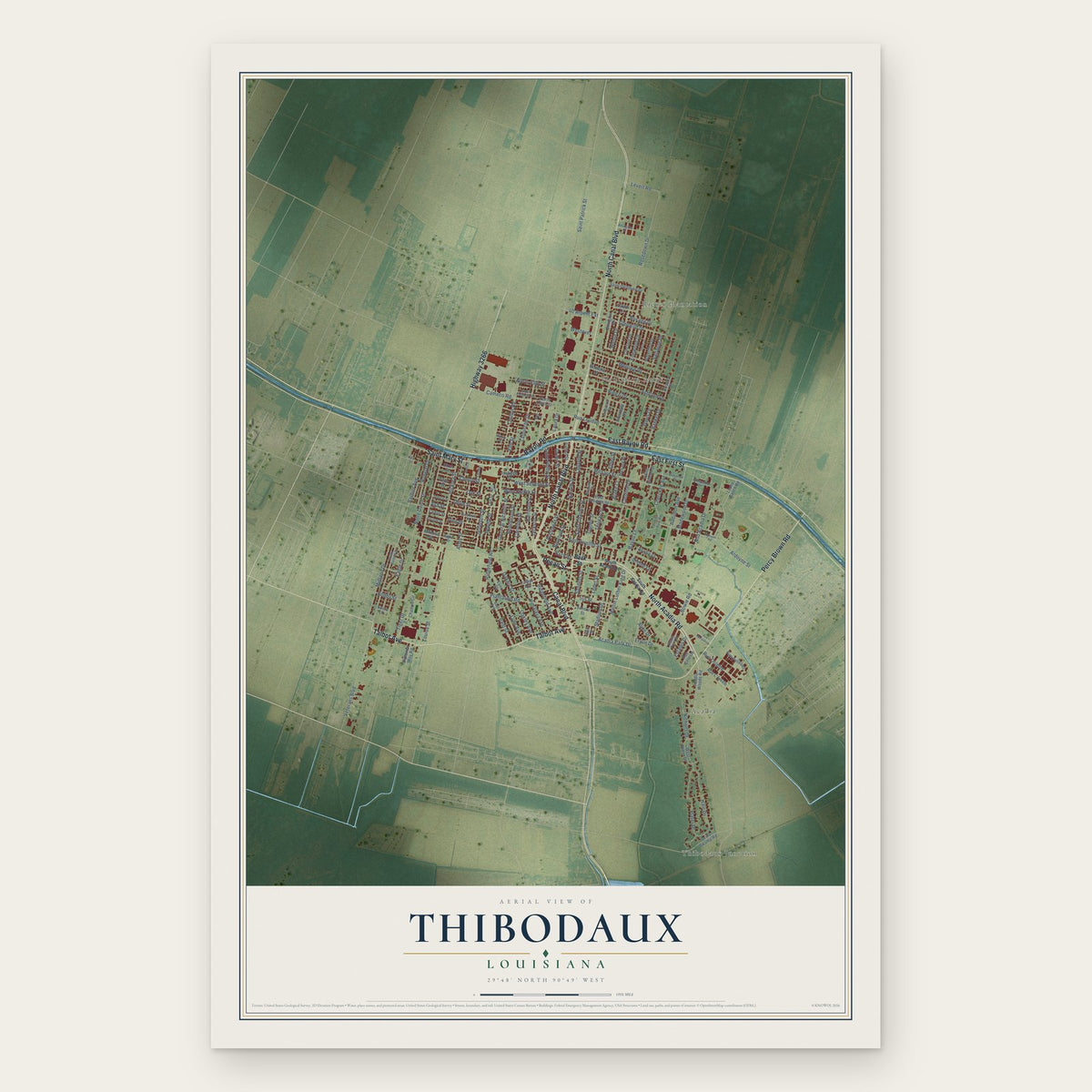 Thibodaux, Louisiana map print, the full design