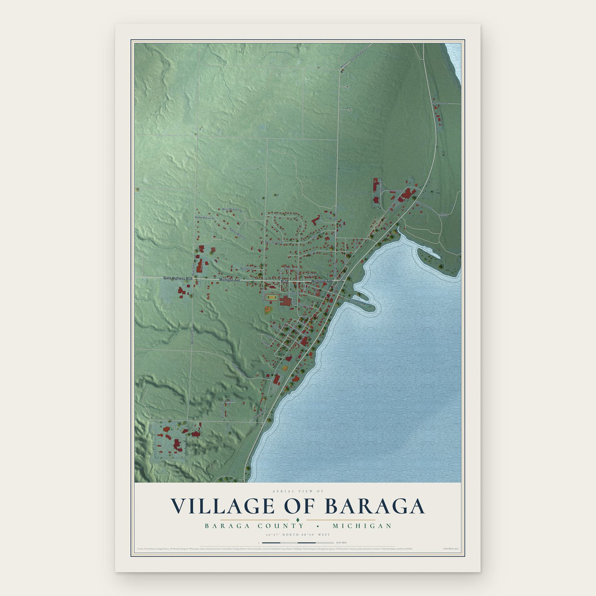 Baraga, Michigan map print, the full design
